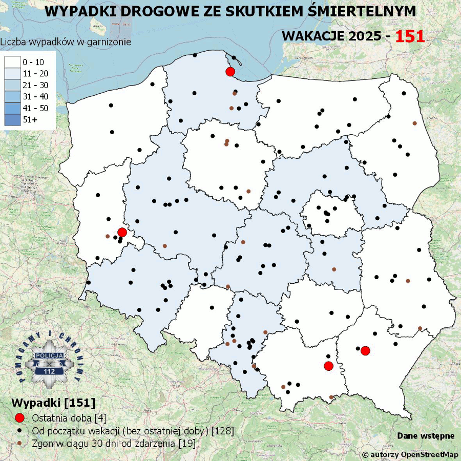Mapa prezentująca liczbę wypadków poprzedniej doby w Polsce. Prezentowane dane są dostępne w tekście poniżej.