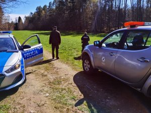 Działania policjantów oraz straży leśnej na terenie lasu.