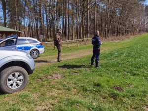 Działania policjantów oraz straży leśnej na terenie lasu.